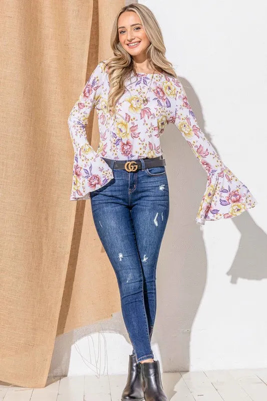 And The Why Floral Printed Bell Sleeve Casual Top