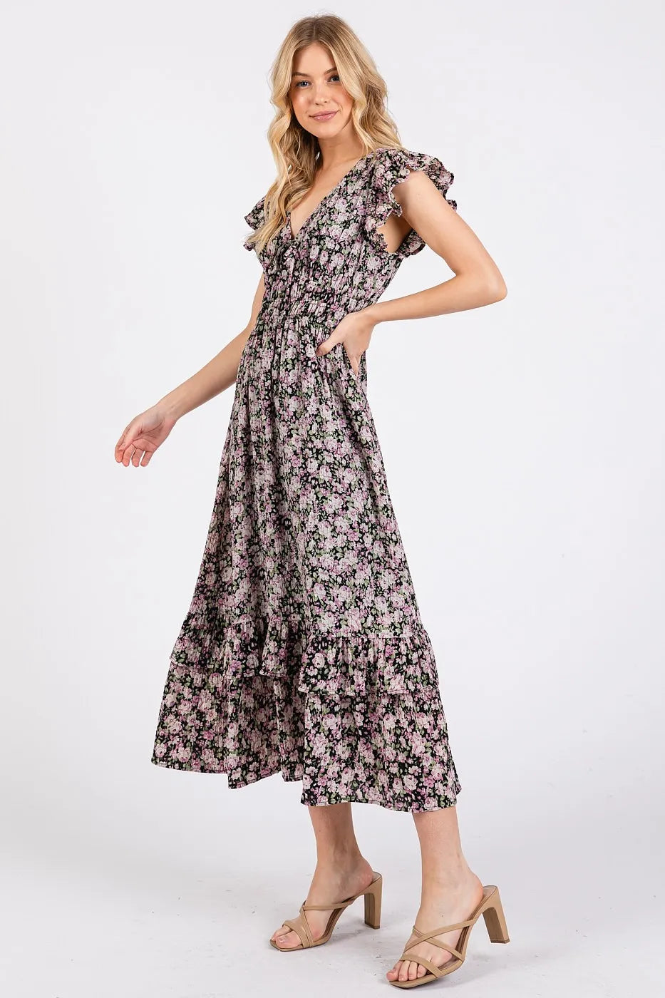 Mittoshop Flower Print Ruffle Cap Sleeve V-neck Midi Dress in Black