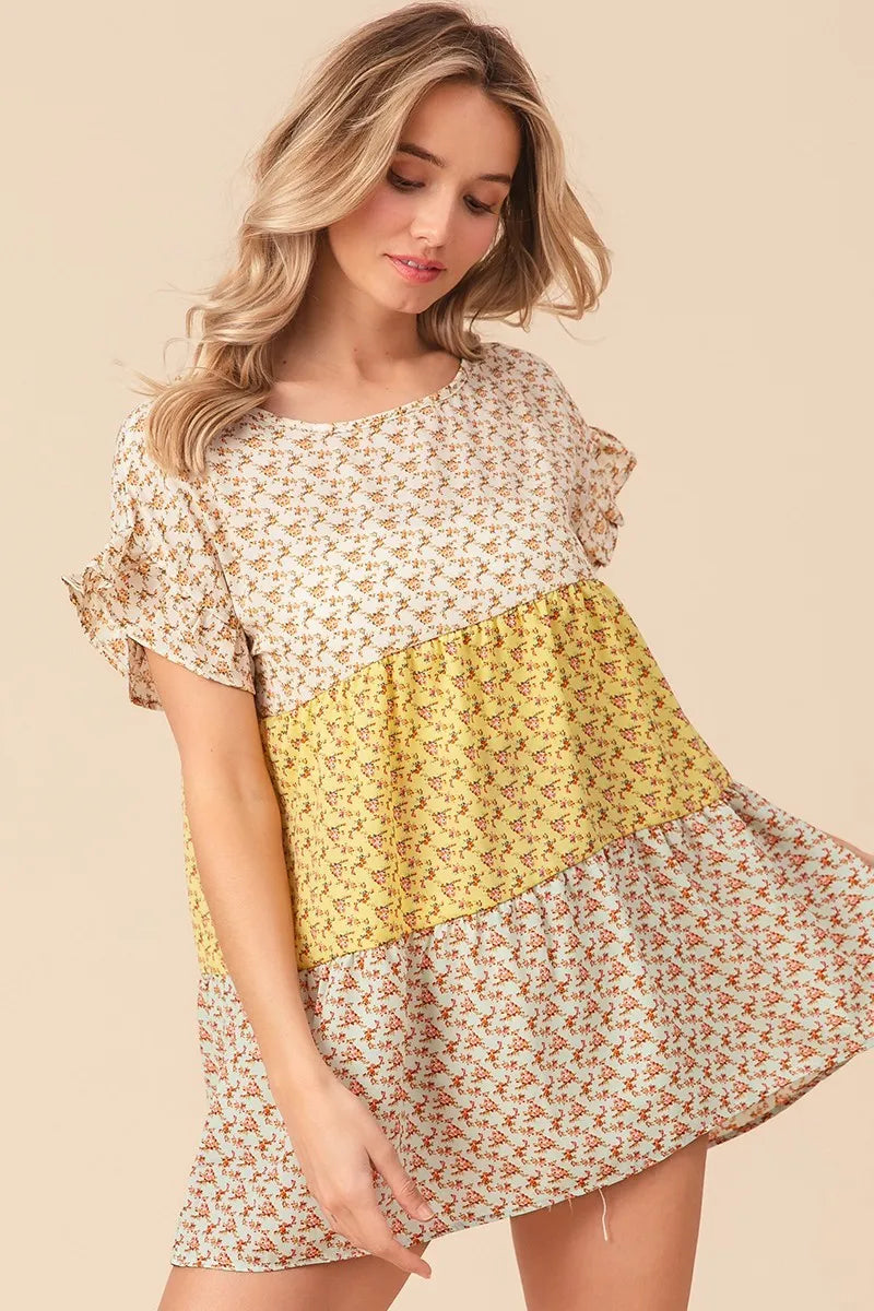 BiBi Flroal Printed Woven Color Block and Tiered Top in Yellow