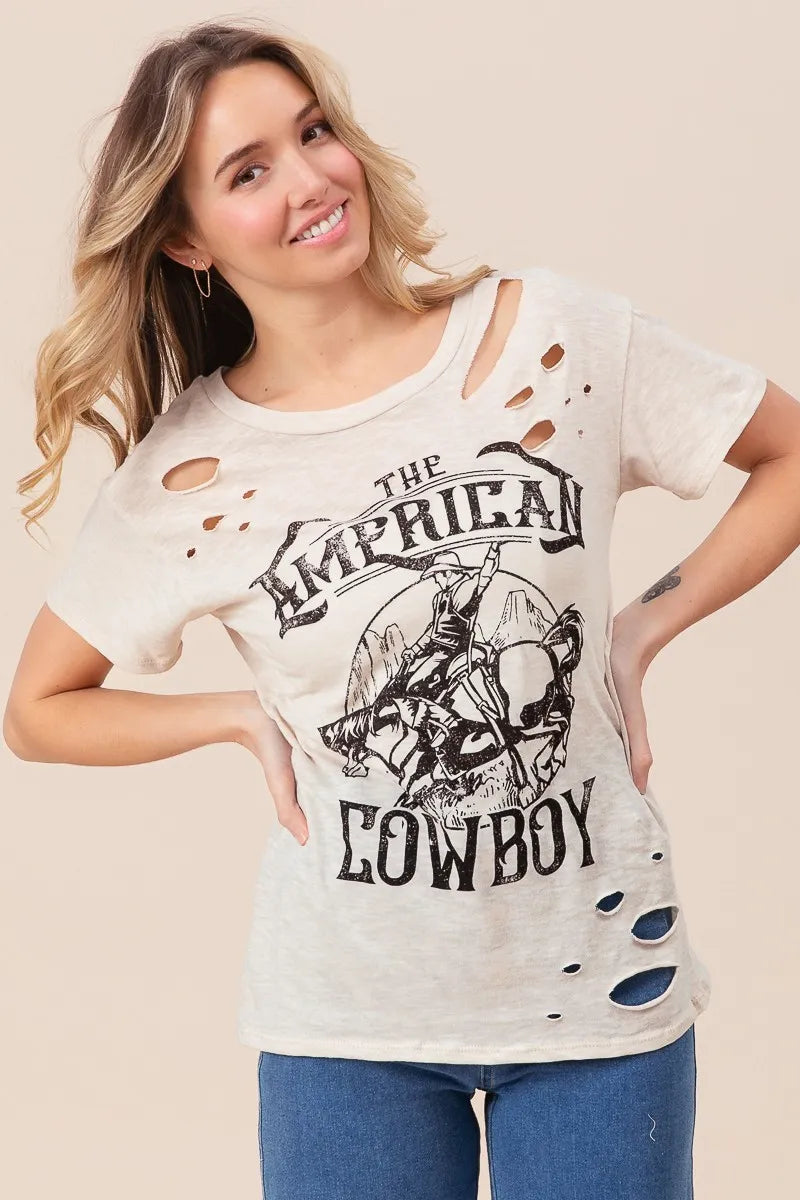 BiBi Cotton Slub Laser Top American Cow Boy Graphic in Taupe