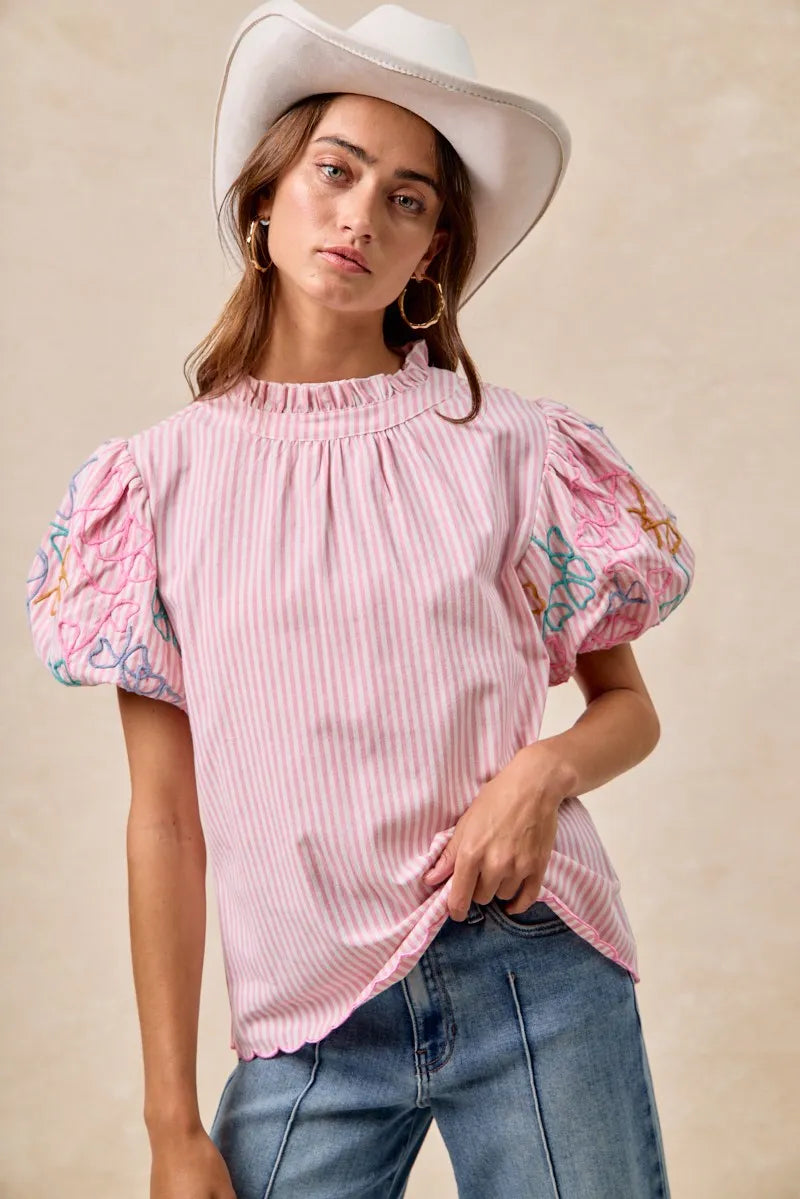 BiBi Embroidery Bubble Sleeve Top With Bottom Scallop Detail