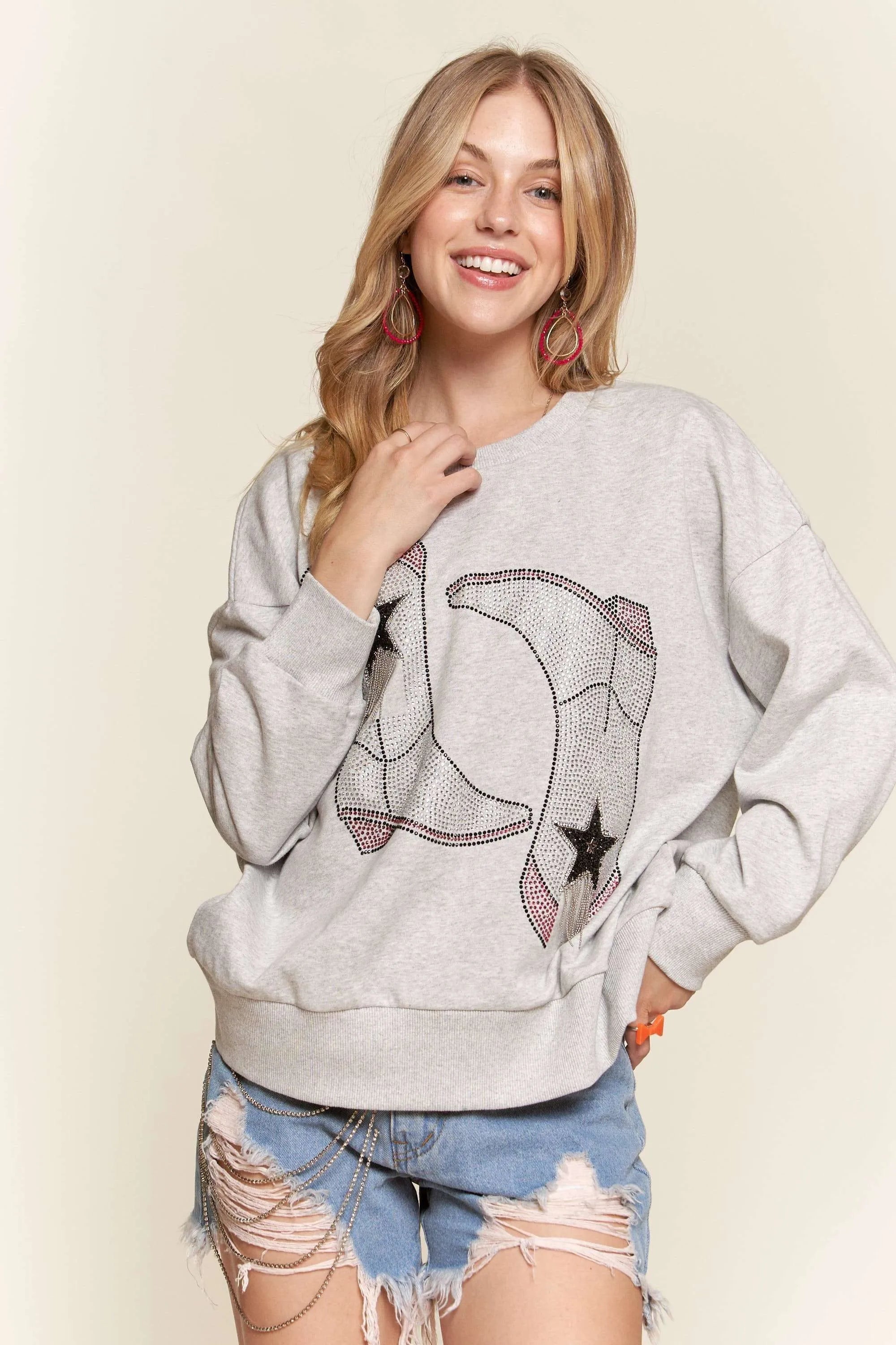 ADORA Rhinestone Accent Casual Sweatshirt in Grey