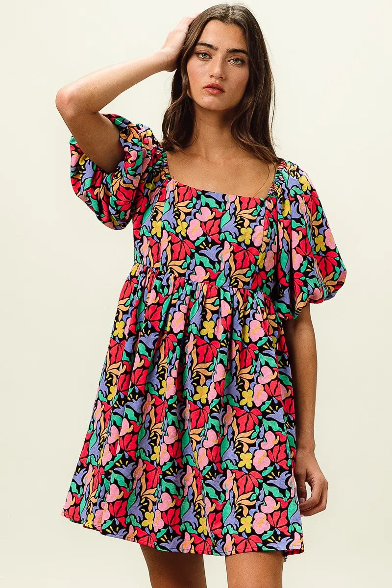 BiBi Floral Print Puff Square Neck Dress