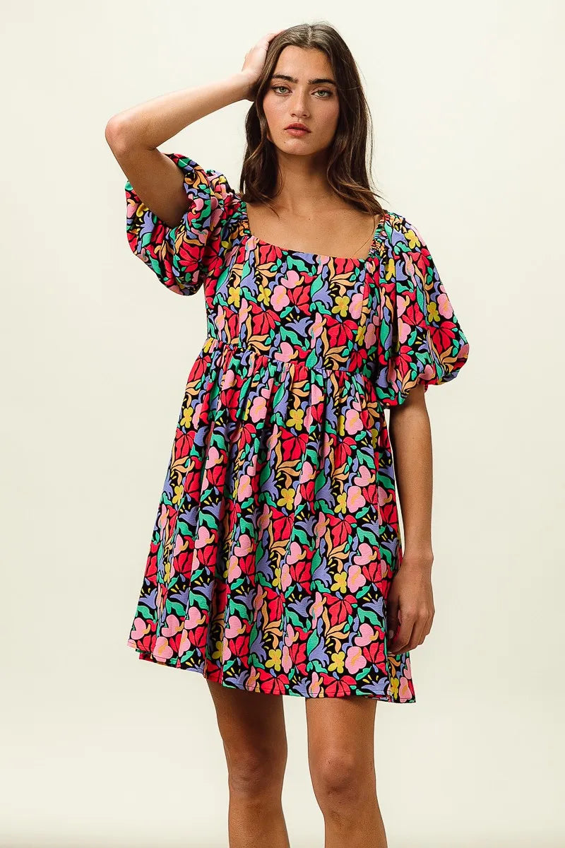 BiBi Floral Print Puff Square Neck Dress
