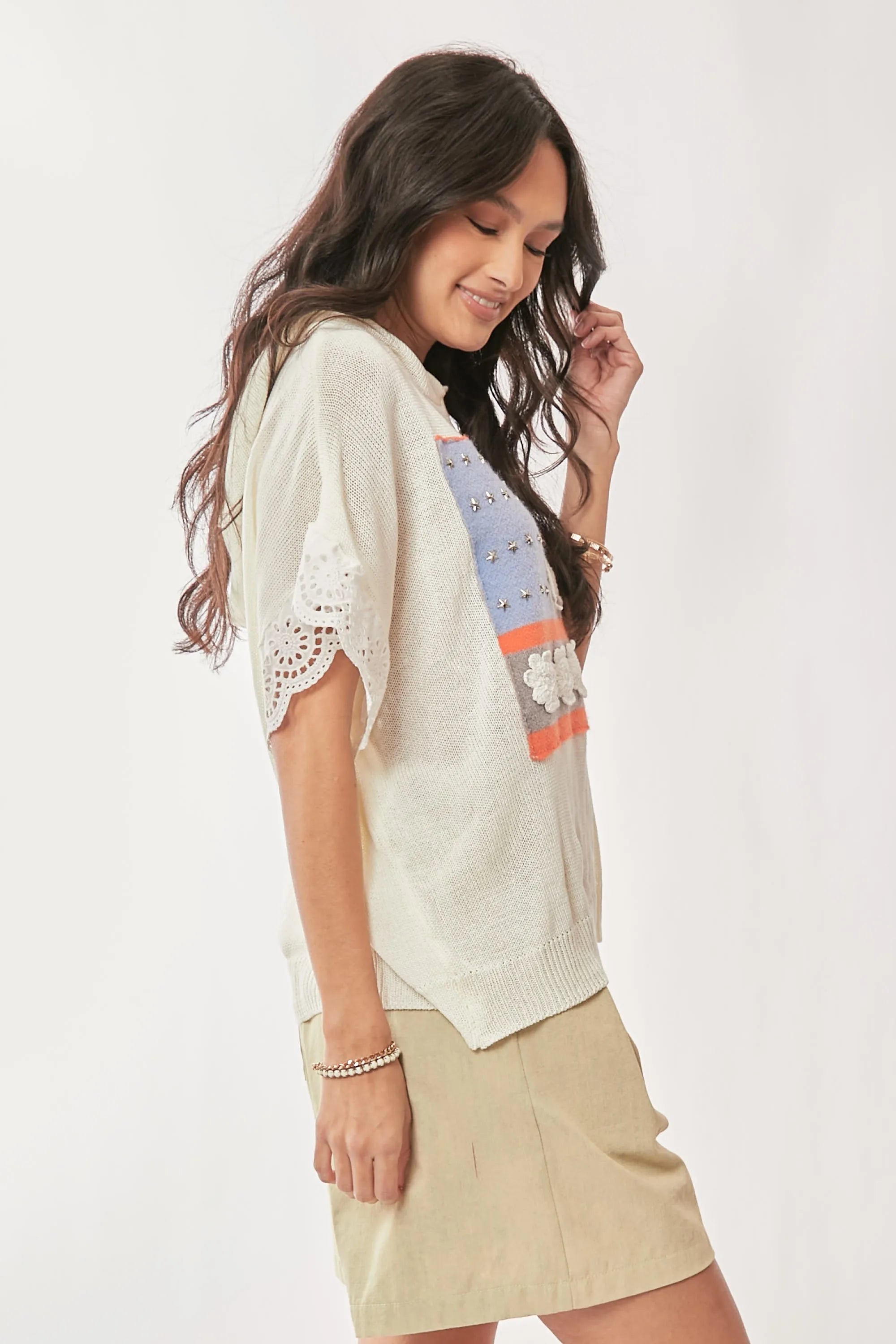 Davi & Dani American Flag Loose Fit Lace Sleeve Hoodie Top