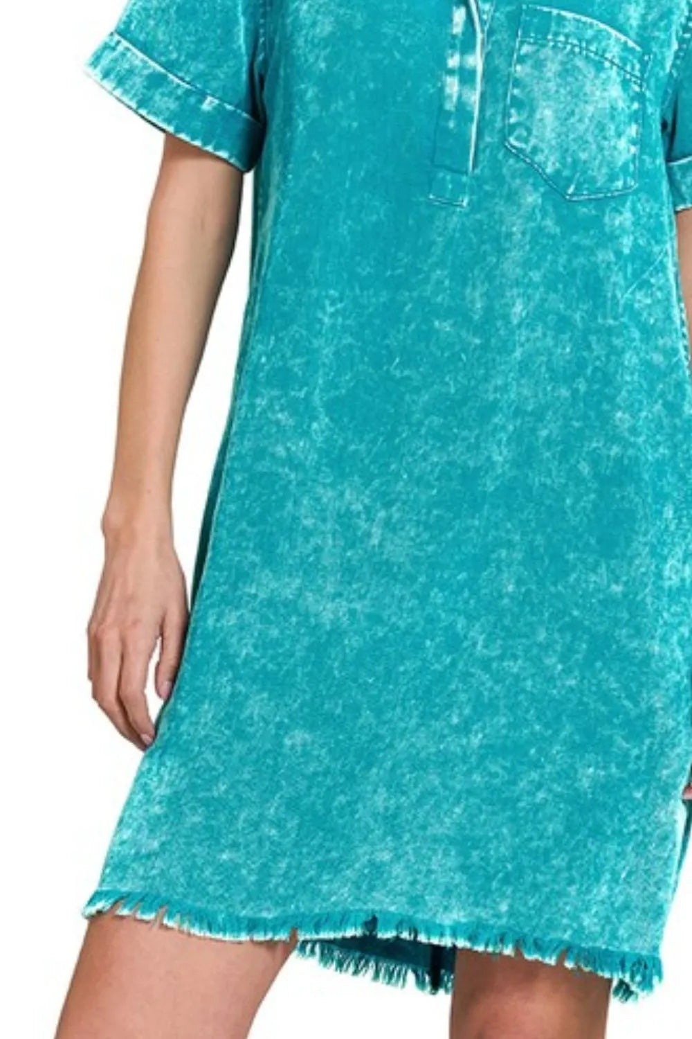 Zenana Tencel Mineral Washed Collared Shirts Dress in Teal