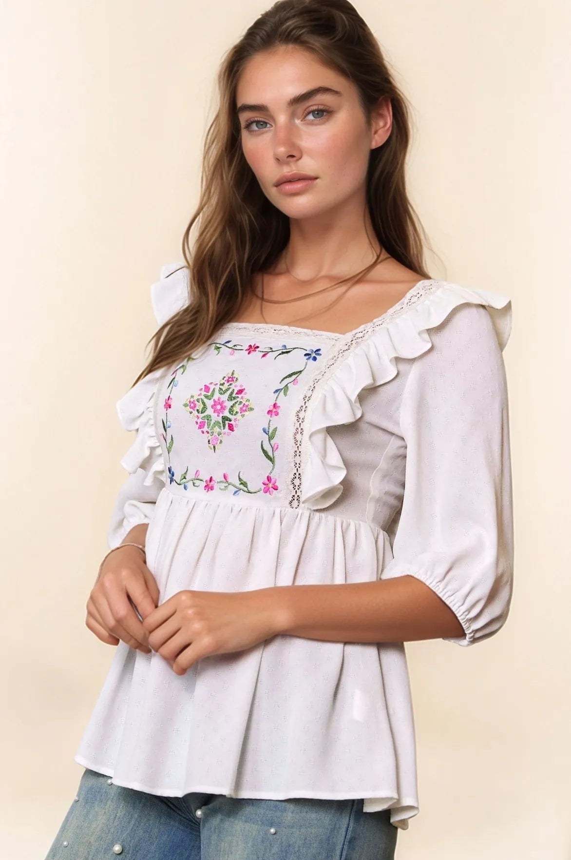 Davi & Dani Texture Tie Back Floral Embroidery Frill Blouse