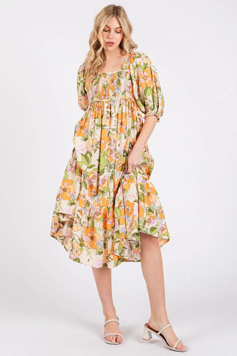 Mittoshop Flower Print Puff Sleeve Ruffle Smocked Midi Dress