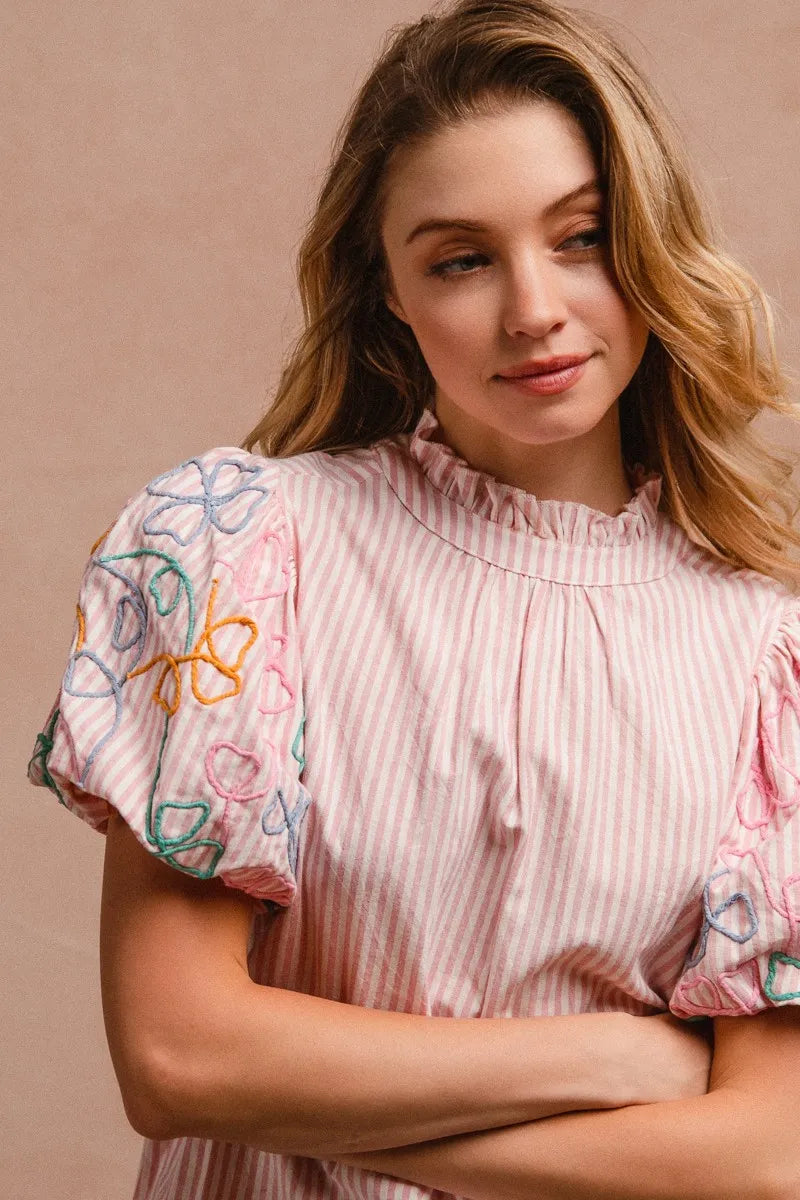 BiBi Embroidery Bubble Sleeve Top With Bottom Scallop Detail
