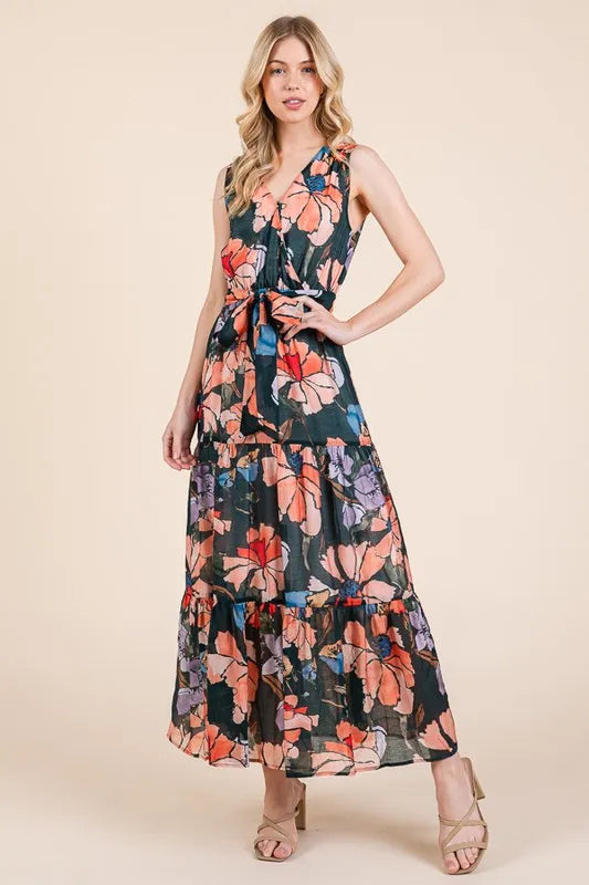 Lime 'N' Chili Floral Print Sleeveless Tie Waist Maxi Dress in Mutli