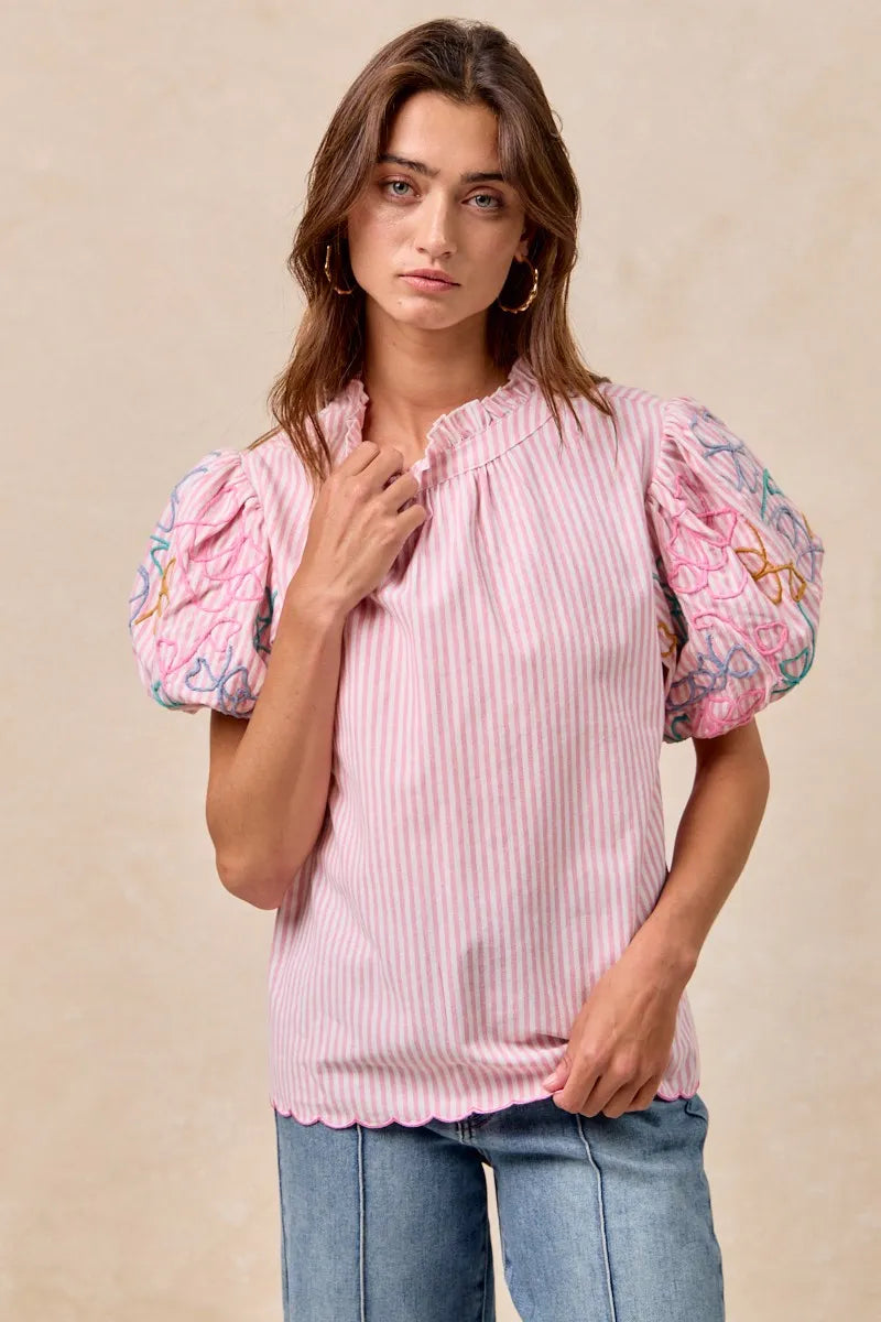 BiBi Embroidery Bubble Sleeve Top With Bottom Scallop Detail