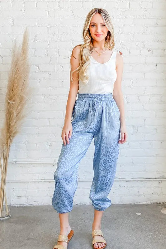 And The Why Satin Leopard Print Joggers in Blue