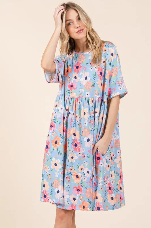 BOMBOM Floral Shirred Dress with Pockets