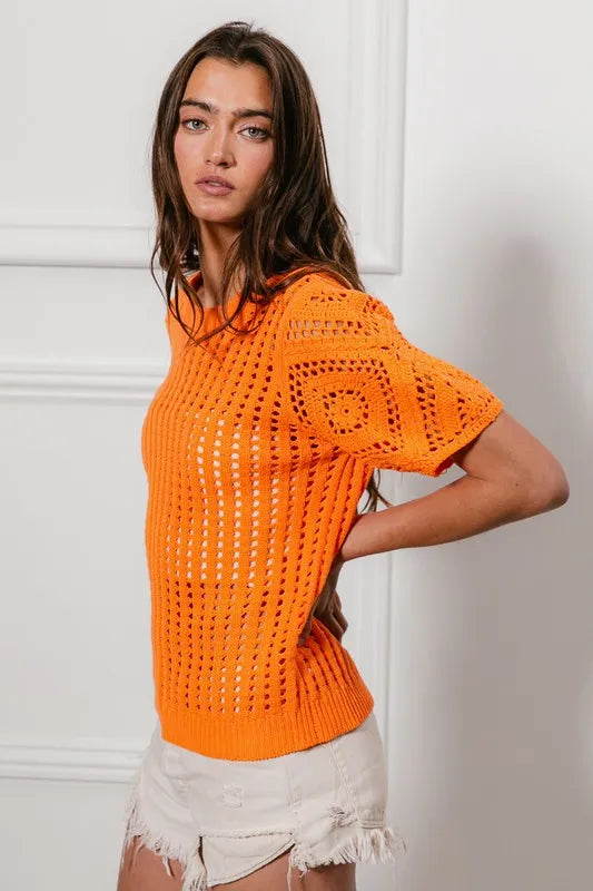 BiBi Crochet Knit Cover Up With Puff Sleeves