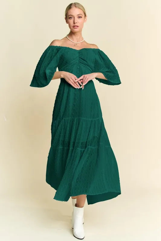 Davi & Dani Swiss Dotted Ruched Ruffle Open Back Midi Dress in Green