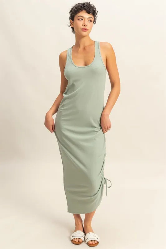 HYFVE Scoop Neck Side Tie Detail Midi Dress in Sage