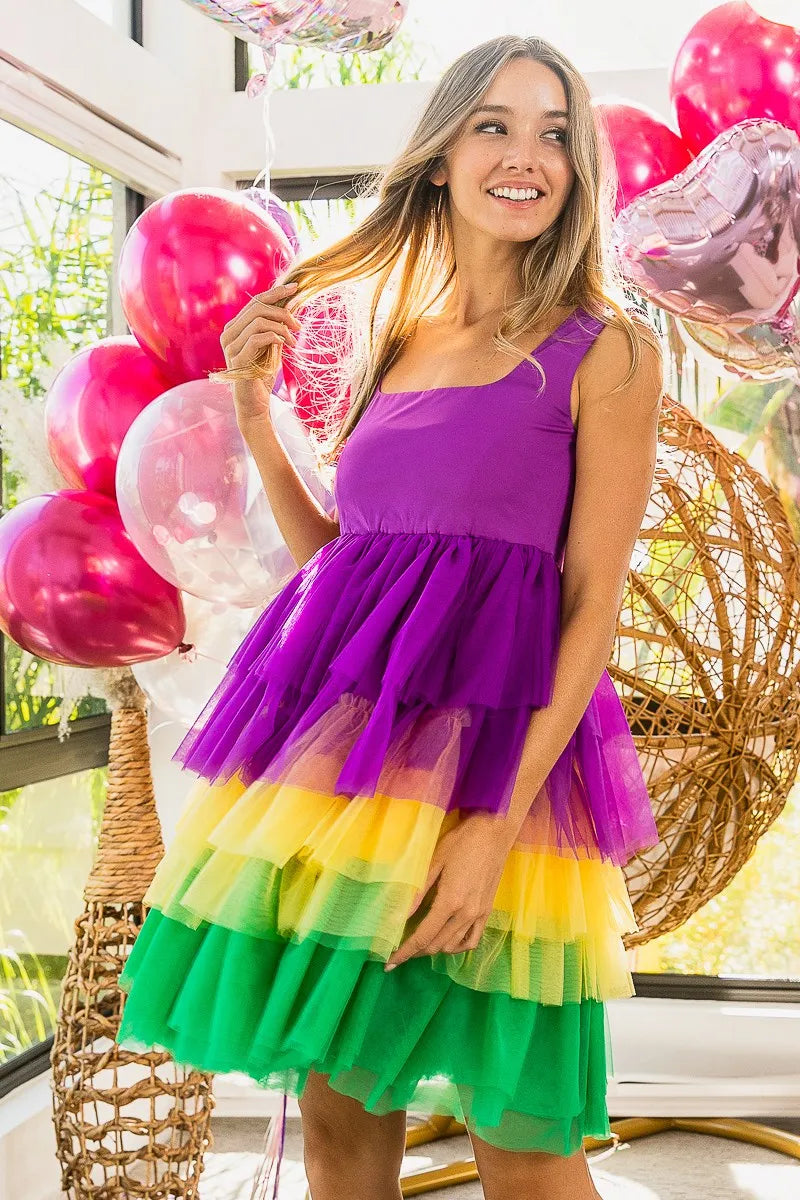 BiBi Mardi Gras Color Block Layered Mesh Tiered Dress