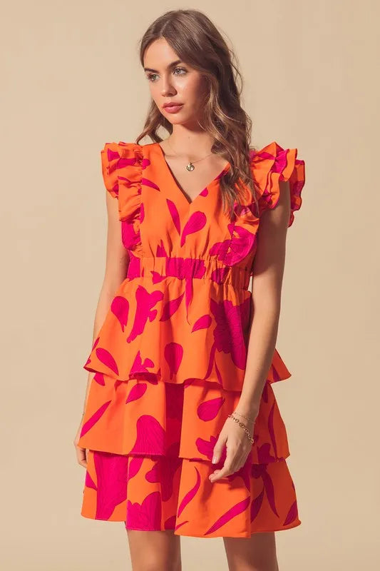 SO ME Floral V Neck Layered Dress with Elasticized Waist