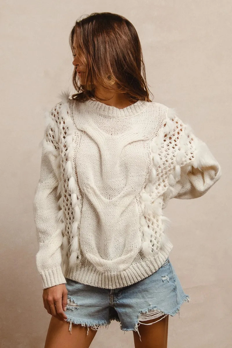 BiBi Faux Fur Detailed Pointelle Cable Knit Sweater