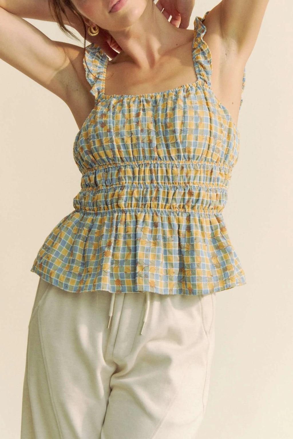 Davi & Dani Plaid Ruffled Strap Smocked Sleeveless Top