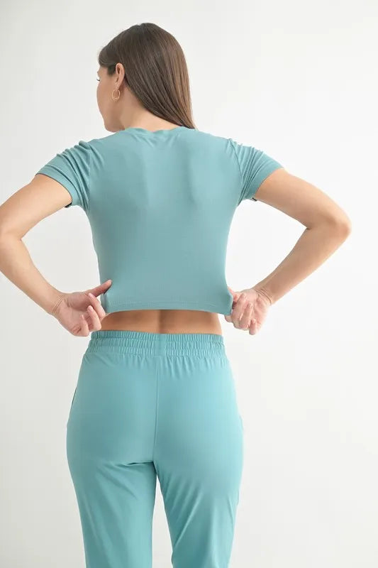 MONO B Essential Micro-ribbed Cropped Athleisure Tee in Grey Teal