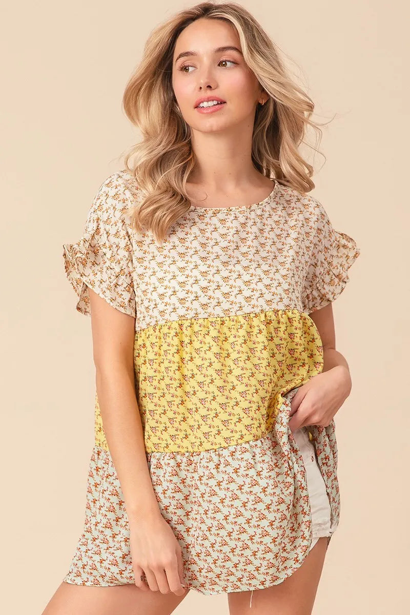 BiBi Flroal Printed Woven Color Block and Tiered Top in Yellow