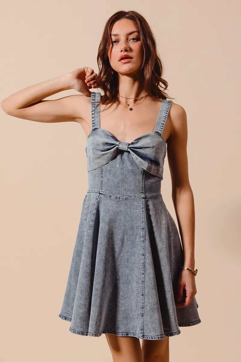 SO ME Mineral Washed Bow Ribbon Denim Flare Dress