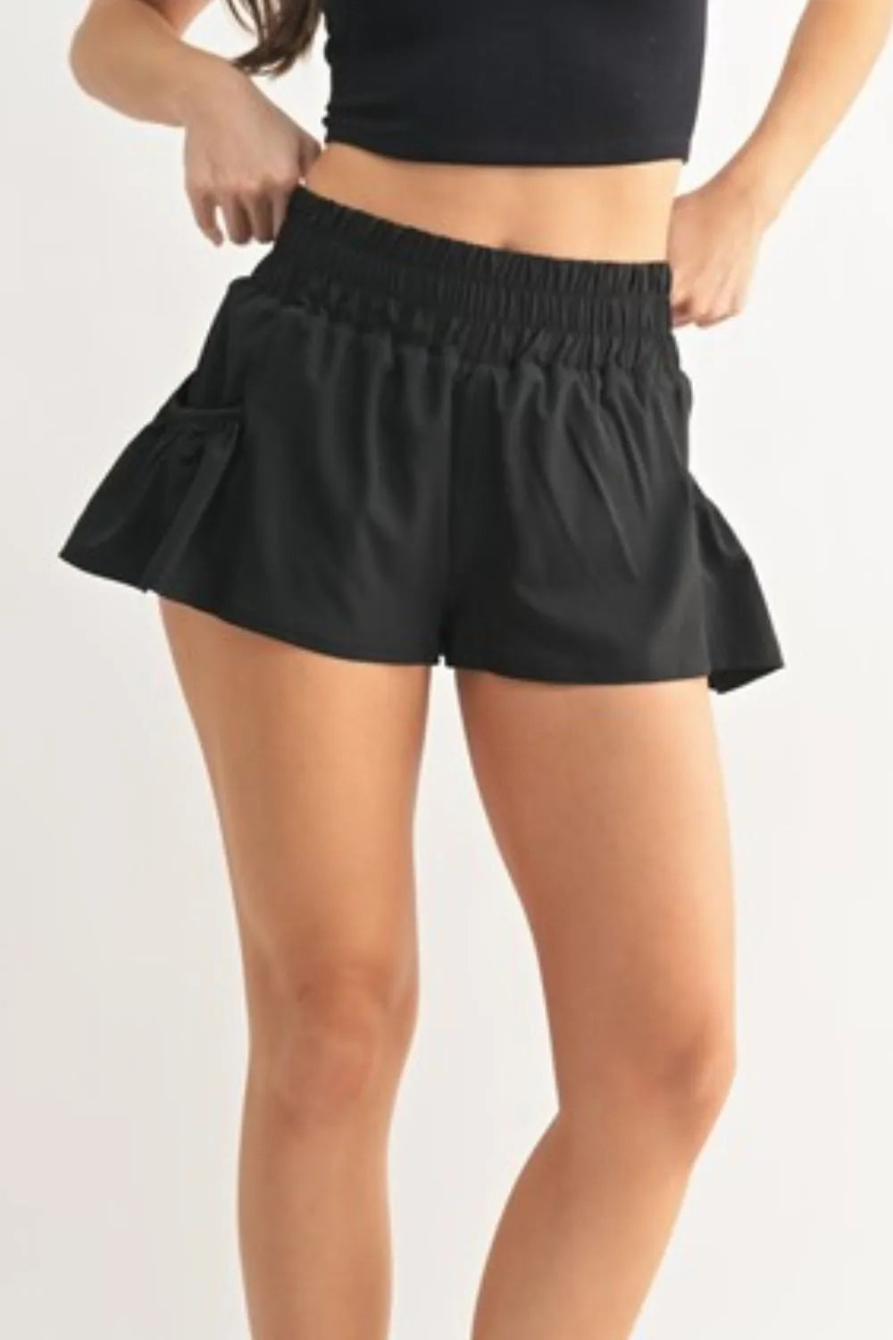 MONO B Smocked High Waist Shorts in Black