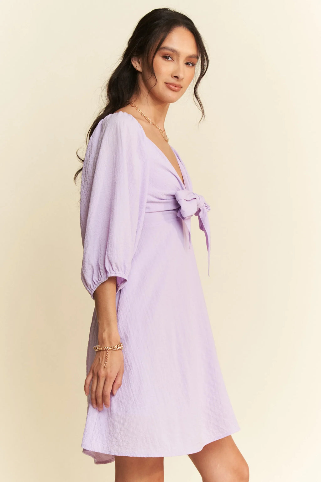 Davi & Dani Self-Tie Puff Sleeve Smocking Open Back Mini Dress