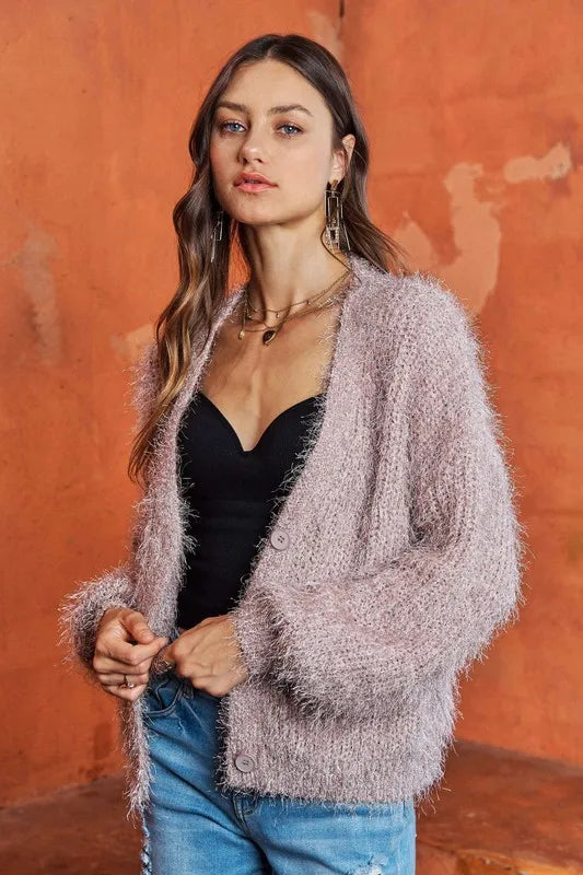 ADORA Fuzzy Sweater Cardigan in Sand