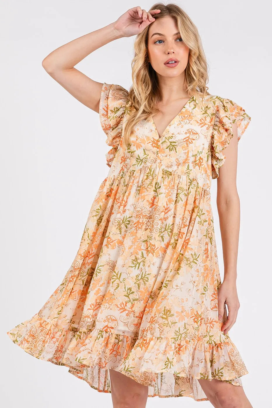 Mittoshop Floral Chiffon Ruffle Short Sleeve Mini Dress