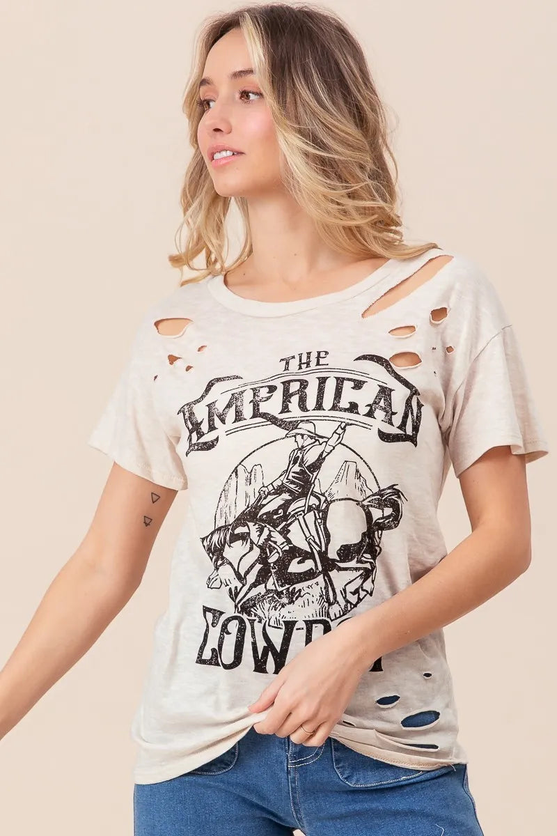 BiBi Cotton Slub Laser Top American Cow Boy Graphic in Taupe