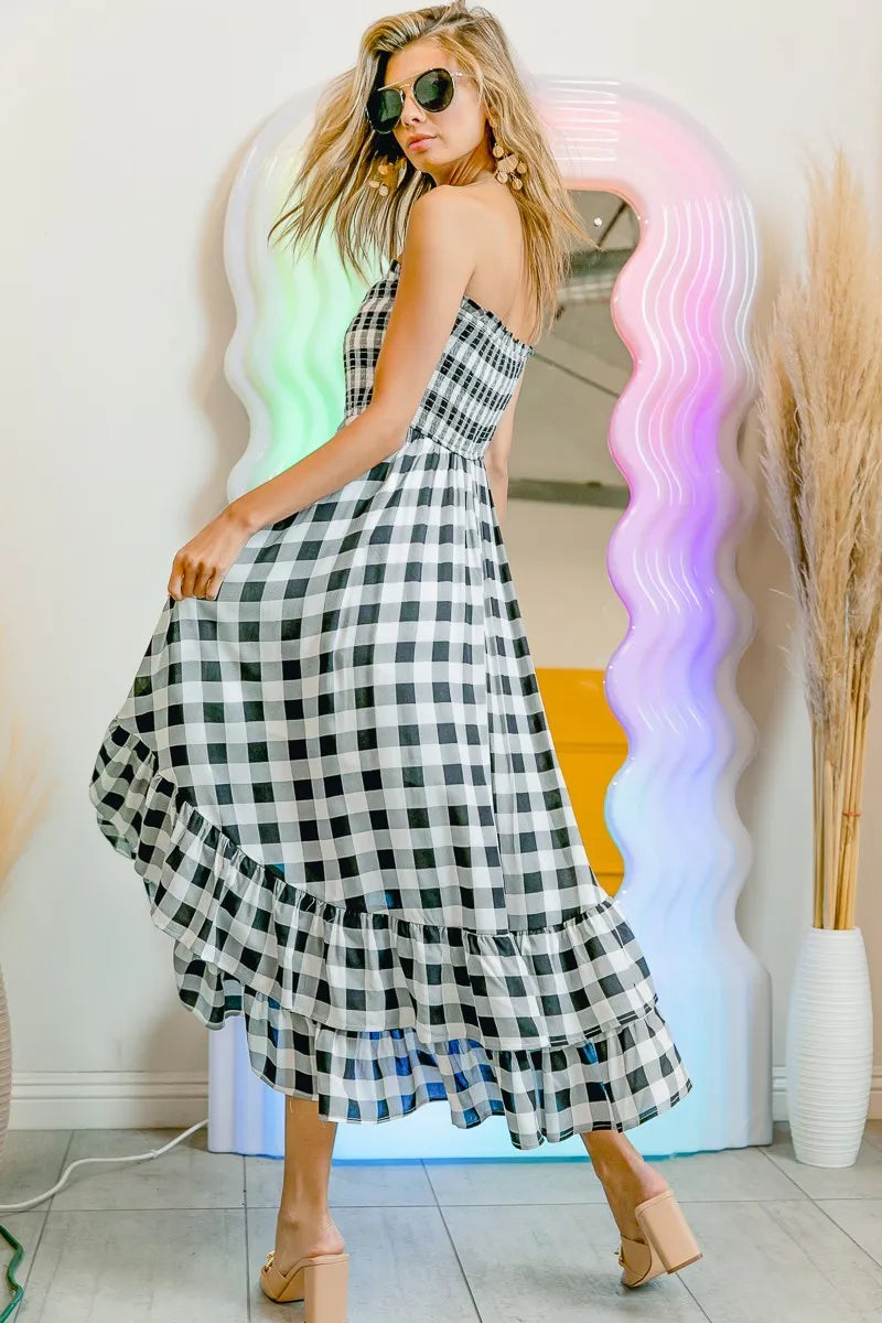 BiBi Smocked Body Off Shoulder Check Dress