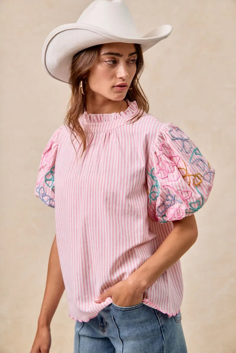 BiBi Embroidery Bubble Sleeve Top With Bottom Scallop Detail