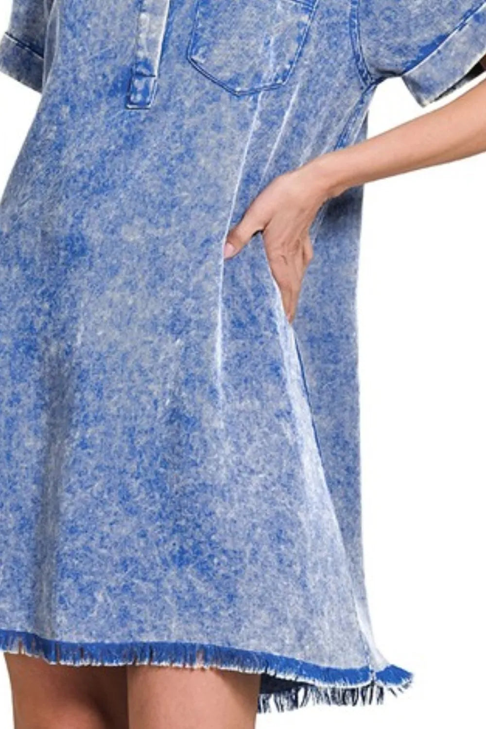 Zenana Tencel Mineral Washed Collared Shirts Dress in Blue