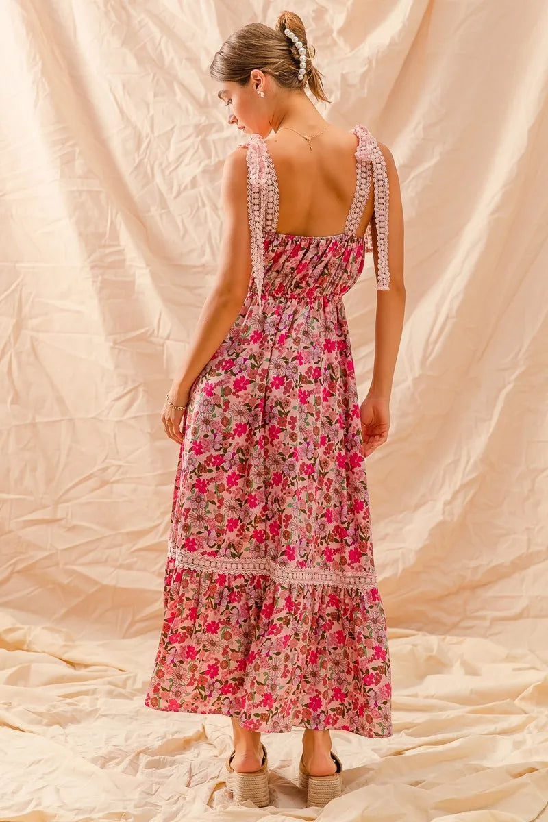 SO ME Floral Maxi Dress With Ribbon Tie Lace Strap