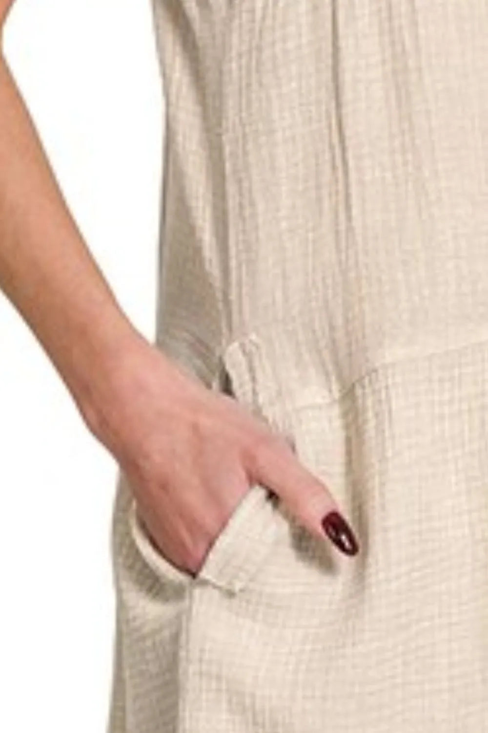 Zenana Washed Double Gauze Raw Edge V-neck Dress in Beige