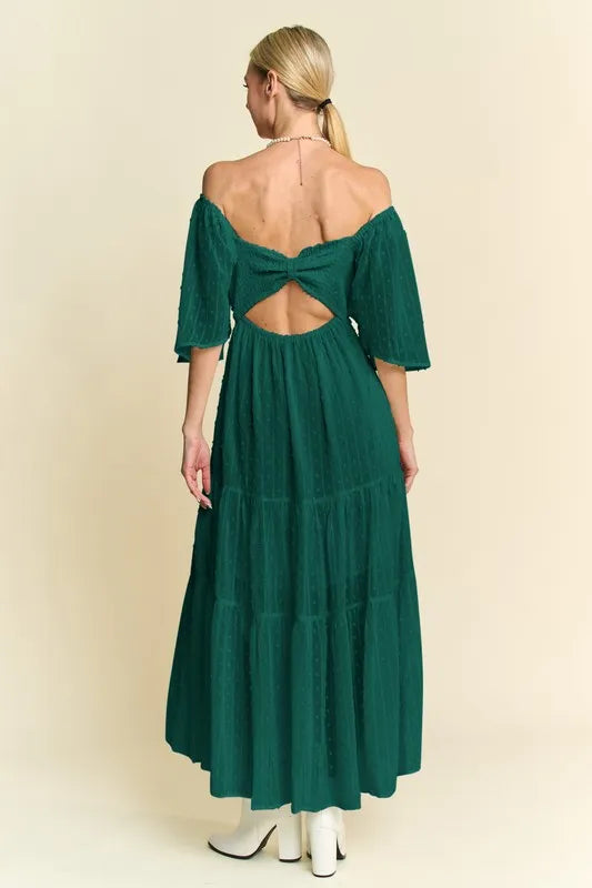 Davi & Dani Swiss Dotted Ruched Ruffle Open Back Midi Dress in Green