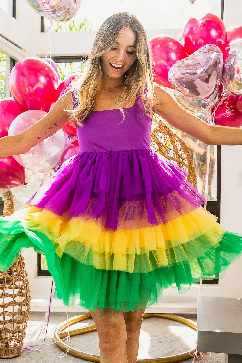BiBi Mardi Gras Color Block Layered Mesh Tiered Dress