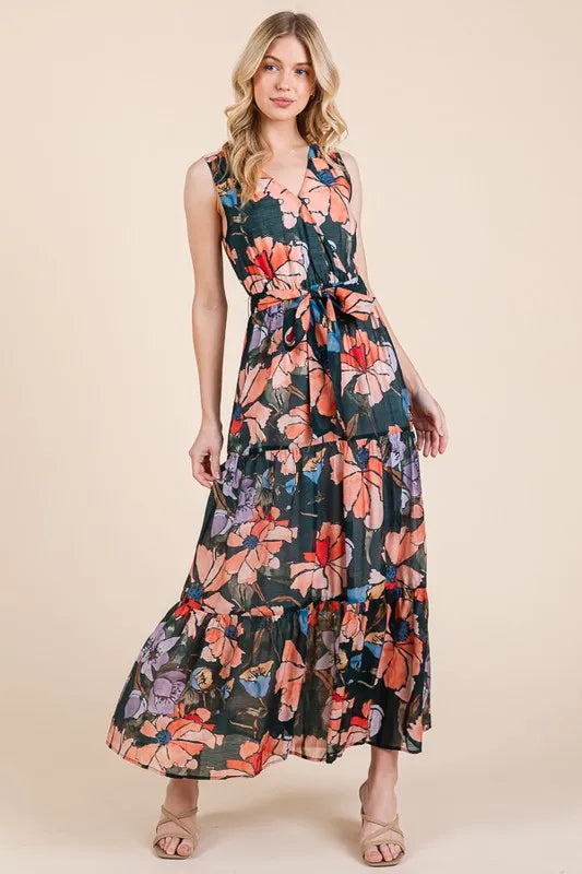 Lime 'N' Chili Floral Print Sleeveless Tie Waist Maxi Dress in Mutli