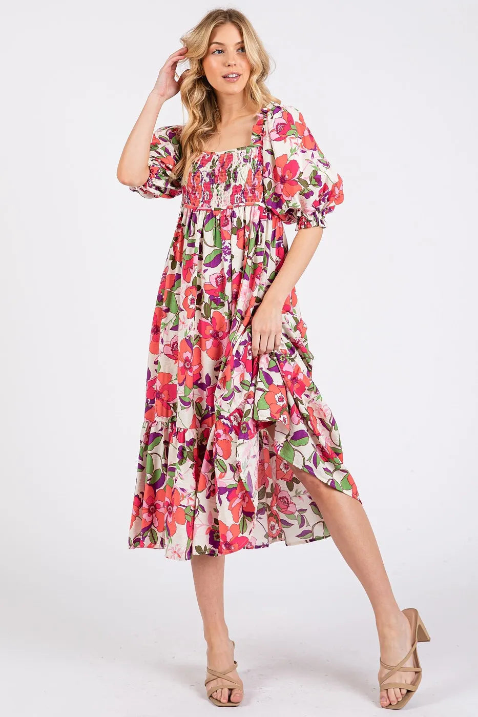 Mittoshop Flower Print Puff Sleeve Ruffle Smocked Midi Dress in Fuchsia