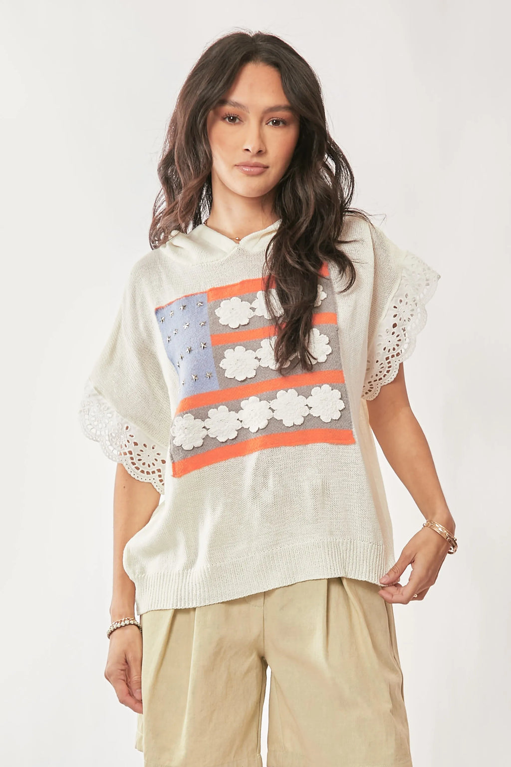 Davi & Dani American Flag Loose Fit Lace Sleeve Hoodie Top