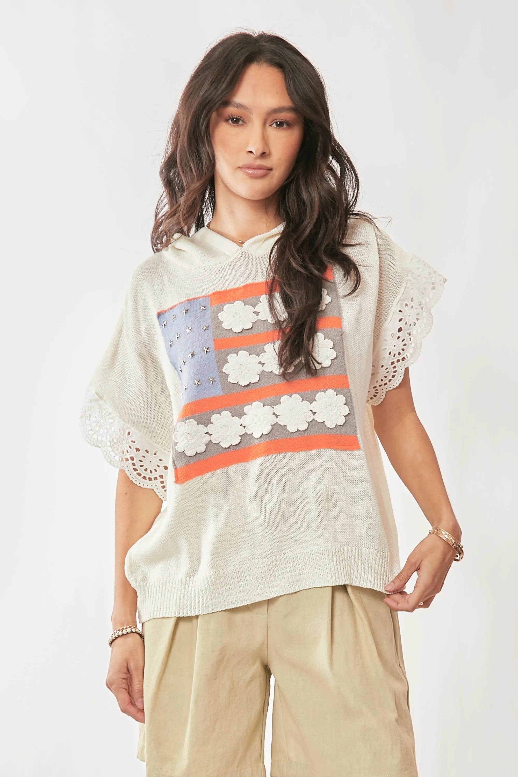 Davi & Dani American Flag Loose Fit Lace Sleeve Hoodie Top