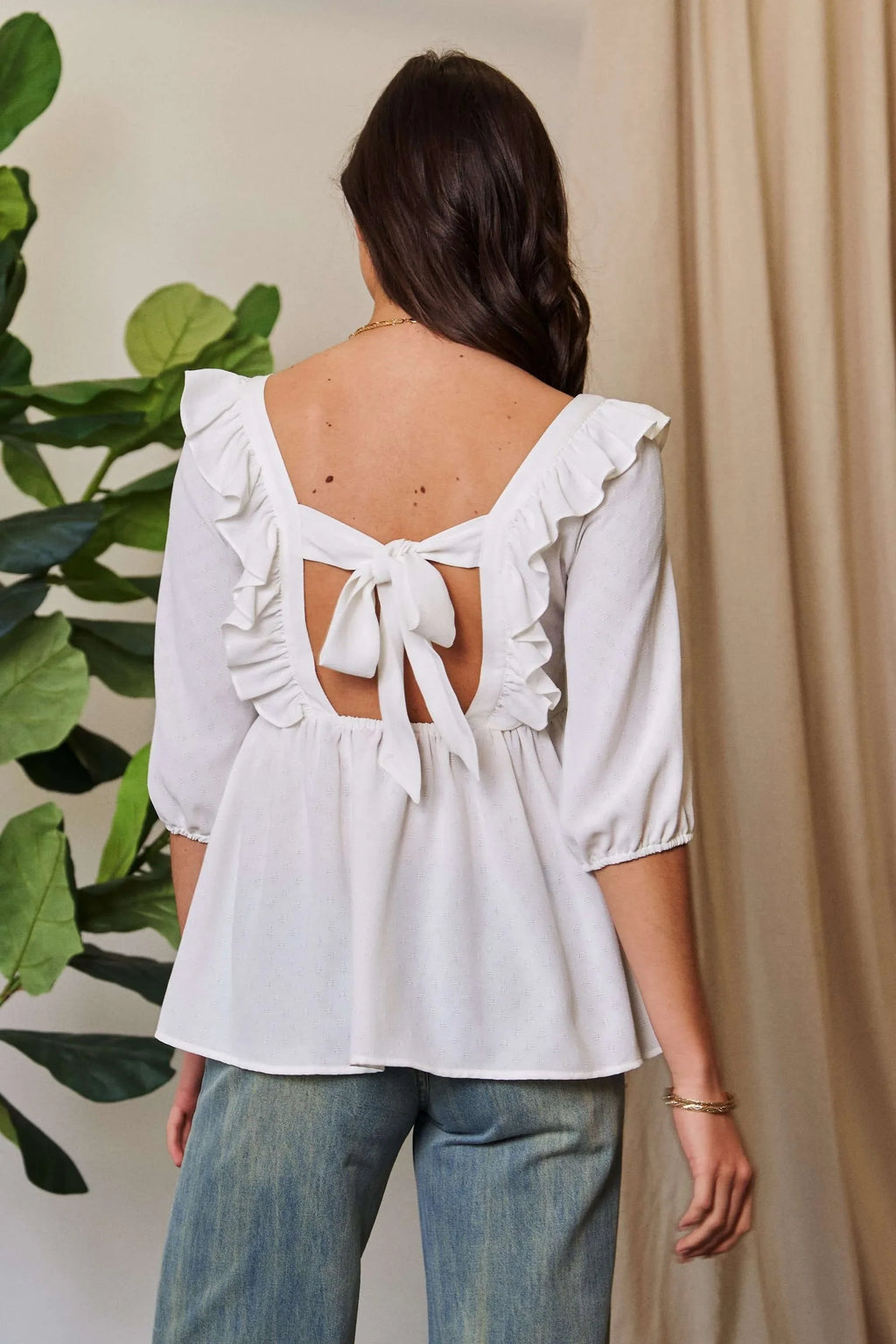 Davi & Dani Texture Tie Back Floral Embroidery Frill Blouse