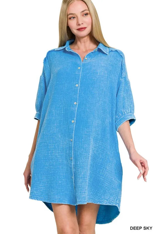Zenana Washed Double Gauze Button Down Shirt Dress in Sky