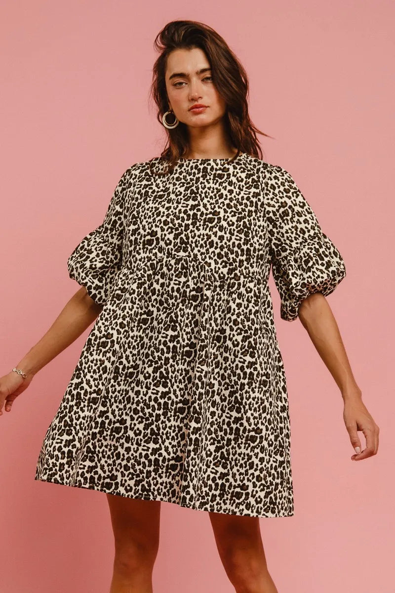 BiBi Leopard Denim Dress With Back Contrast Tie Detail