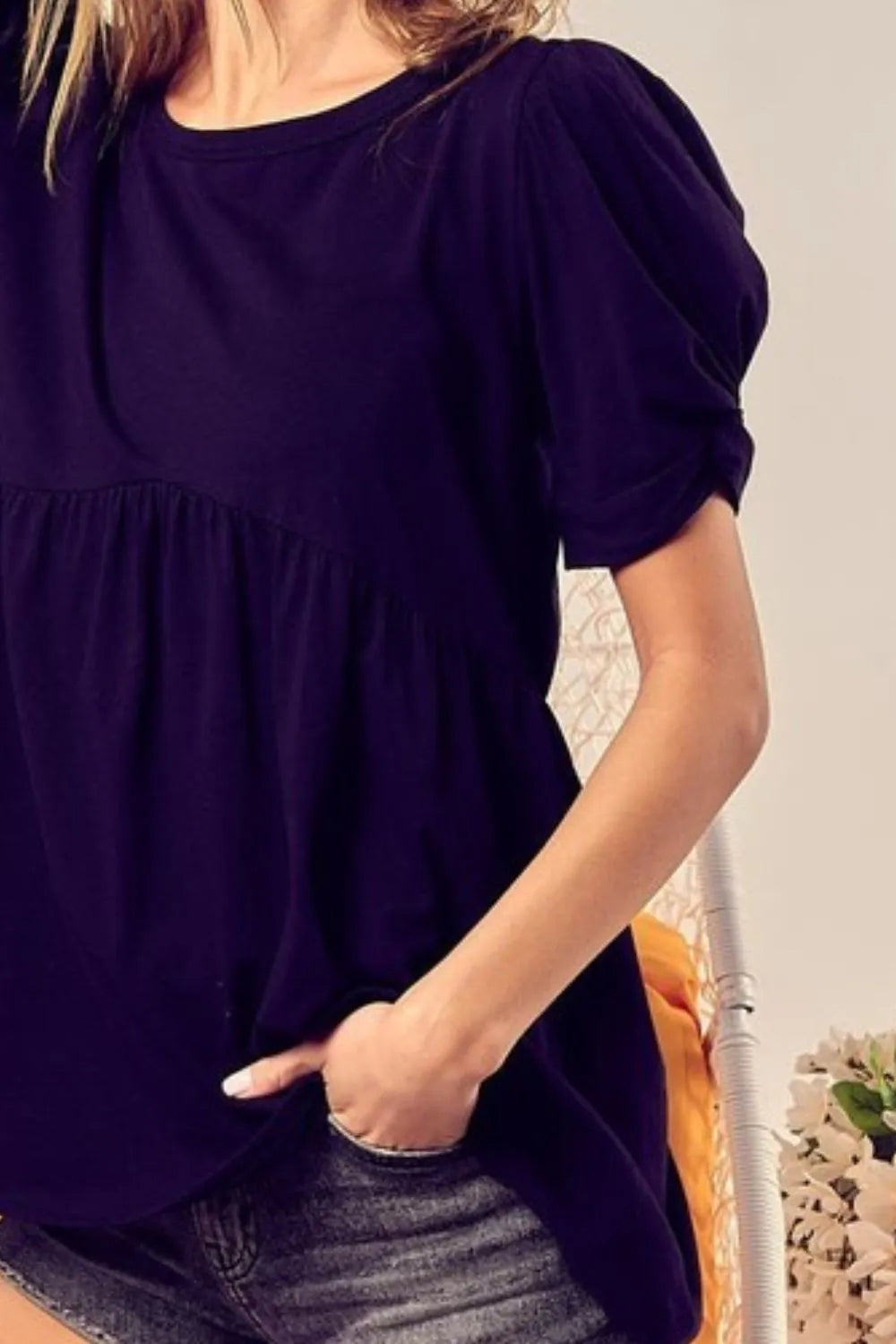 BiBi Cotton Span Knit With Puff Sleeve Baby Doll Top in Black