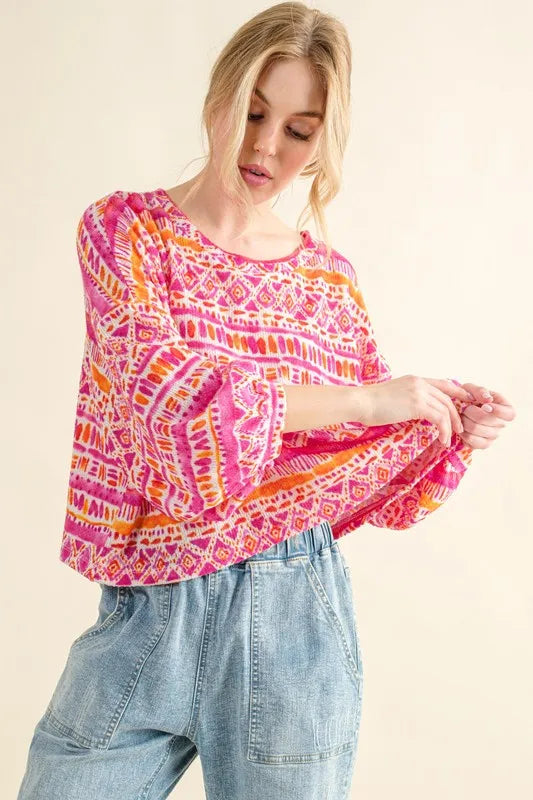 And The Why Cozy Textured Printed Casual Top in Coral