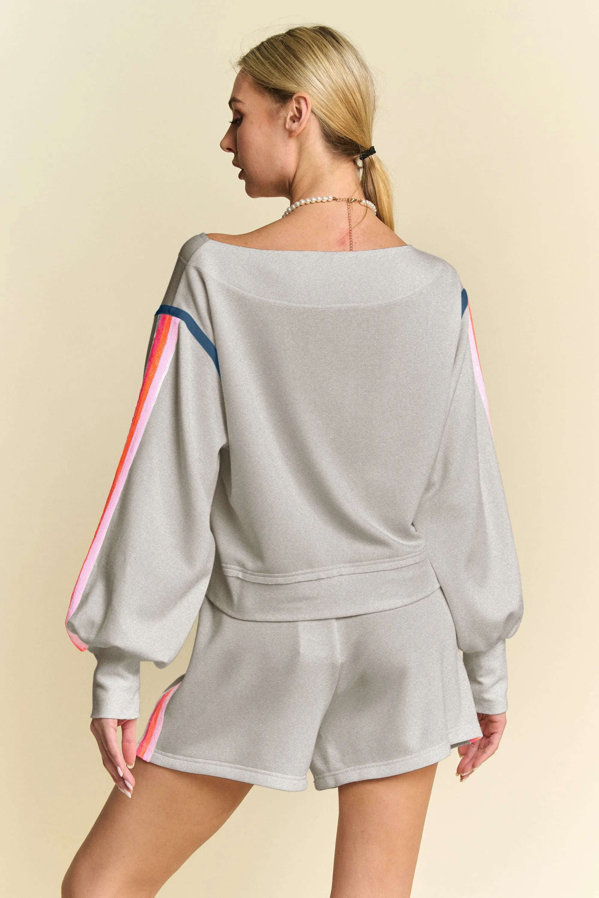 Davi & Dani Sequin Stripe Long Sleeve Top And Short Pants Set