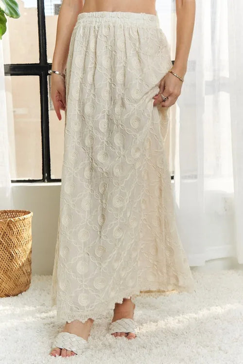 ADORA Elastic Waist Applique Maxi Skirt in Beige